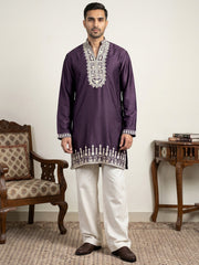 Japanese Fabric Designer Embroidered Kurta With Korean Pants ( 65KP PJ11W 5608Purple )