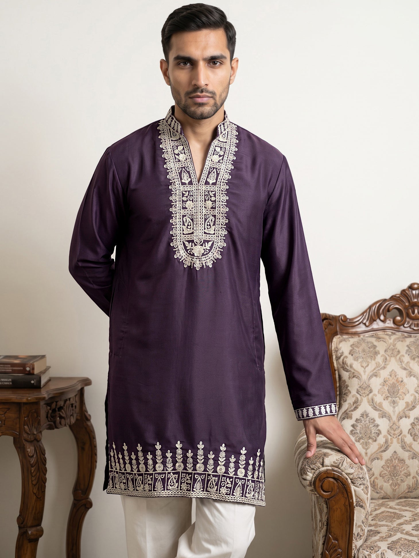 DesiQlo Men Embroidered Kurta Pyjama Set - Purple