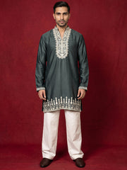 Japanese Fabric Designer Embroidered Kurta With Korean Pants ( 65KP PJ11W 5608Teal )