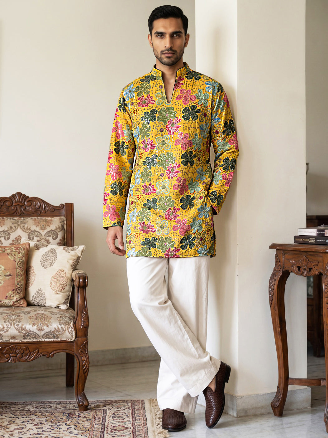 DesiQlo Men Embroidered Kurta Pyjama Set - Yellow