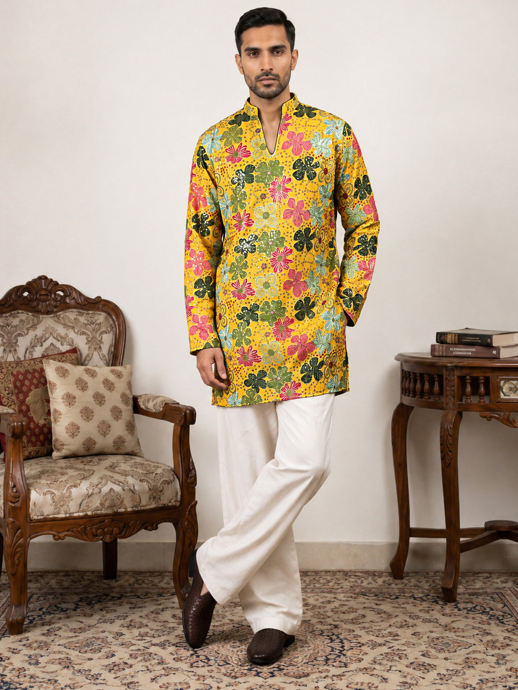 DesiQlo Men Embroidered Kurta Pyjama Set - Yellow