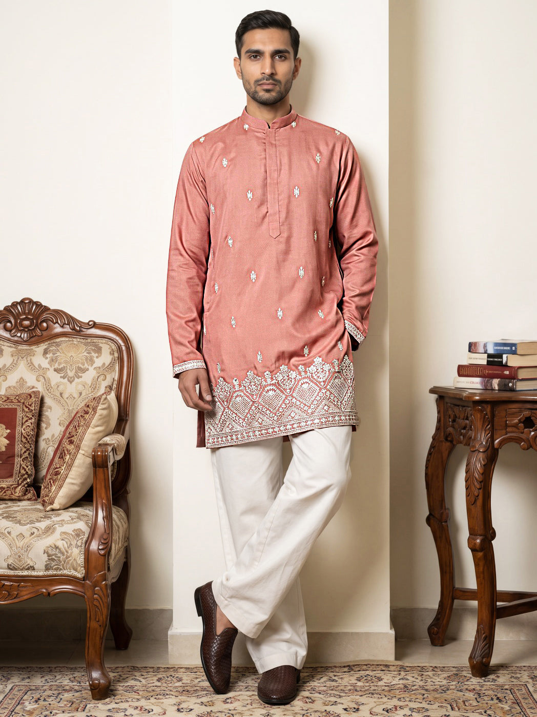 DesiQlo Men Embroidered Kurta Pyjama Set - Pink - 65KP_PJ11W_5611Pink_