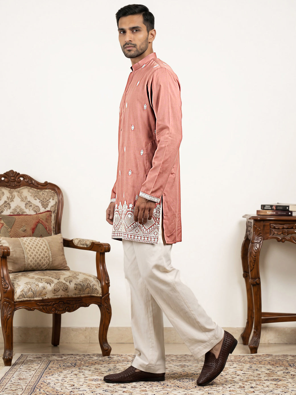 DesiQlo Men Embroidered Kurta Pyjama Set - Pink - 65KP_PJ11W_5611Pink_