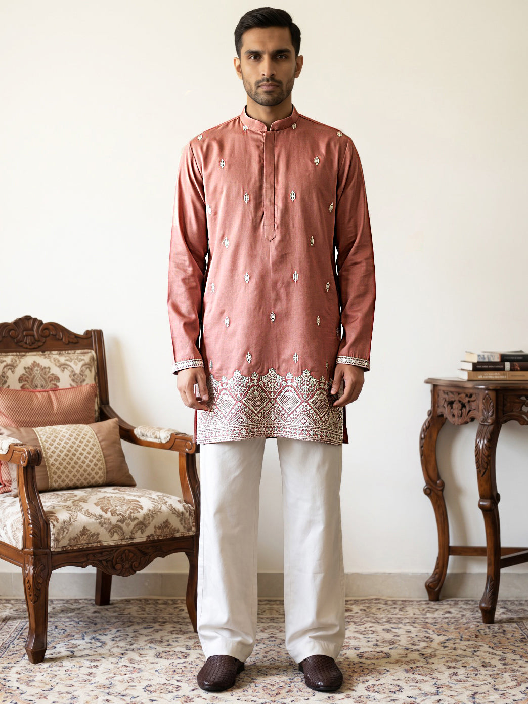DesiQlo Men Embroidered Kurta Pyjama Set - Pink - 65KP_PJ11W_5611Pink_