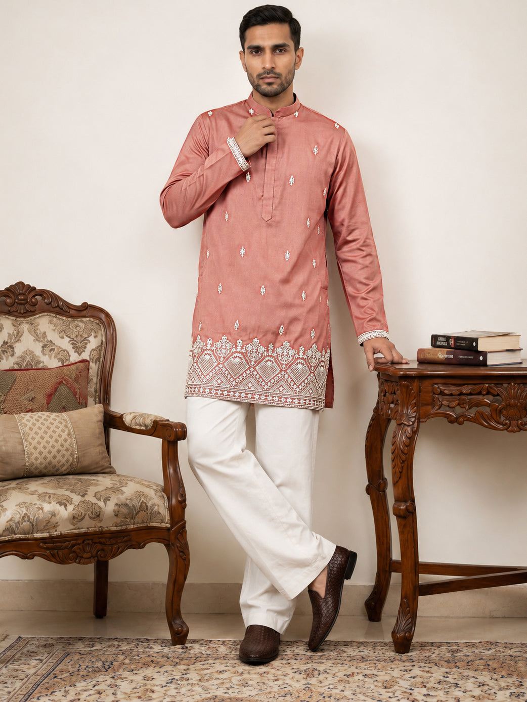 DesiQlo Men Embroidered Kurta Pyjama Set - Pink - 65KP_PJ11W_5611Pink_
