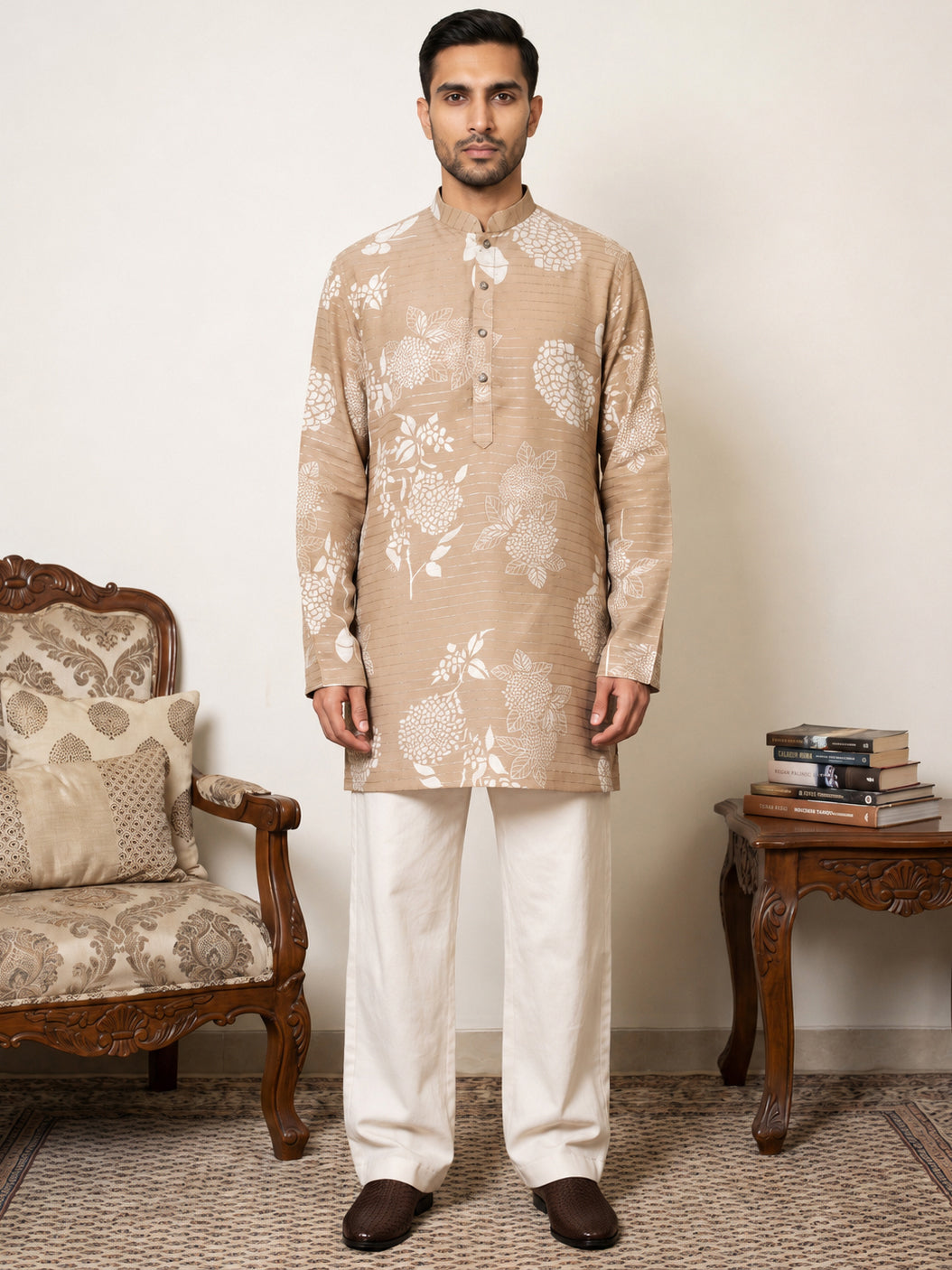 DesiQlo Men Printed Kurta Pyjama Set - Beige - 65KP_PJ11W_5612Beige_S