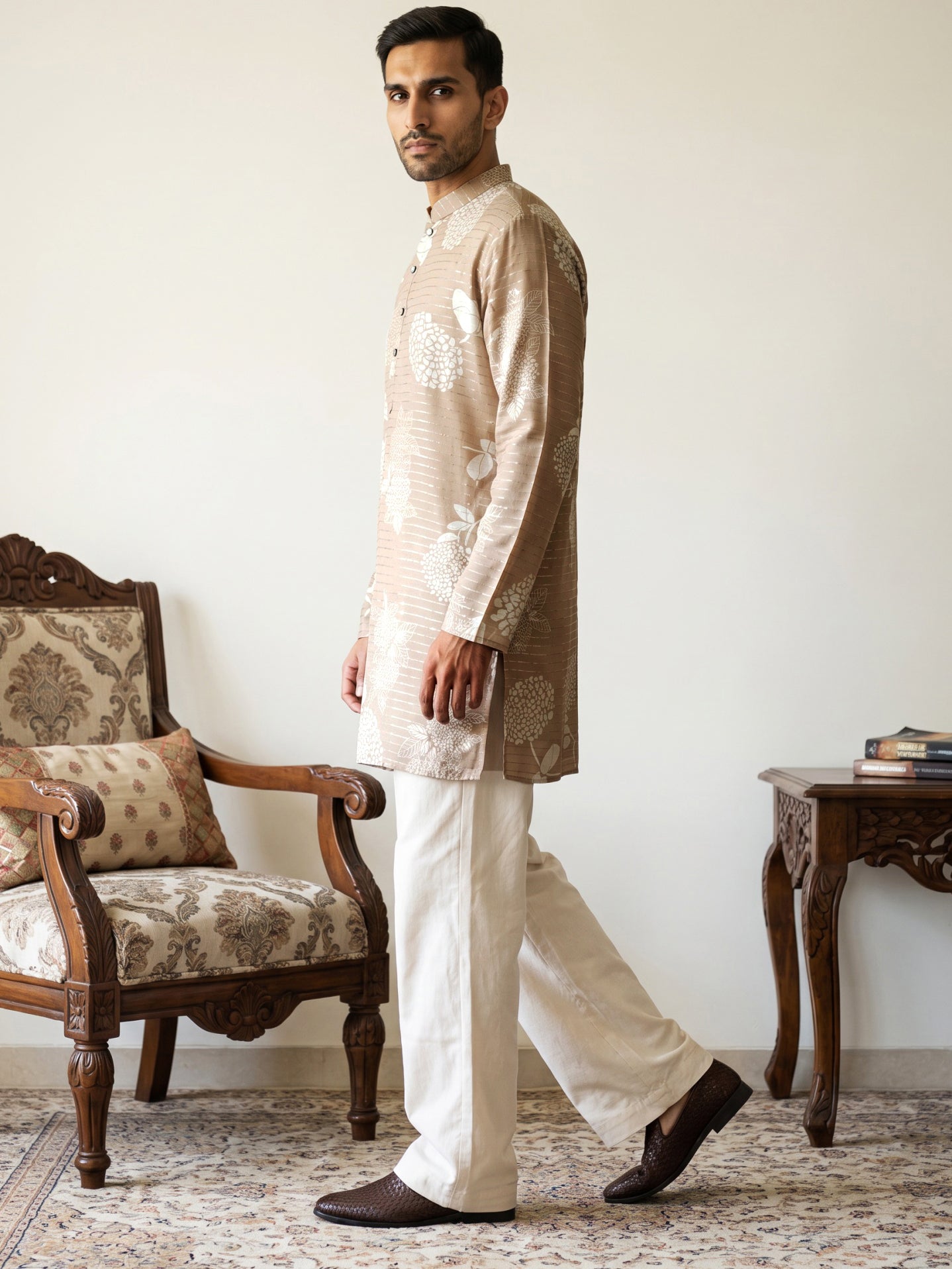DesiQlo Men Printed Kurta Pyjama Set - Beige - 65KP_PJ11W_5612Beige_S