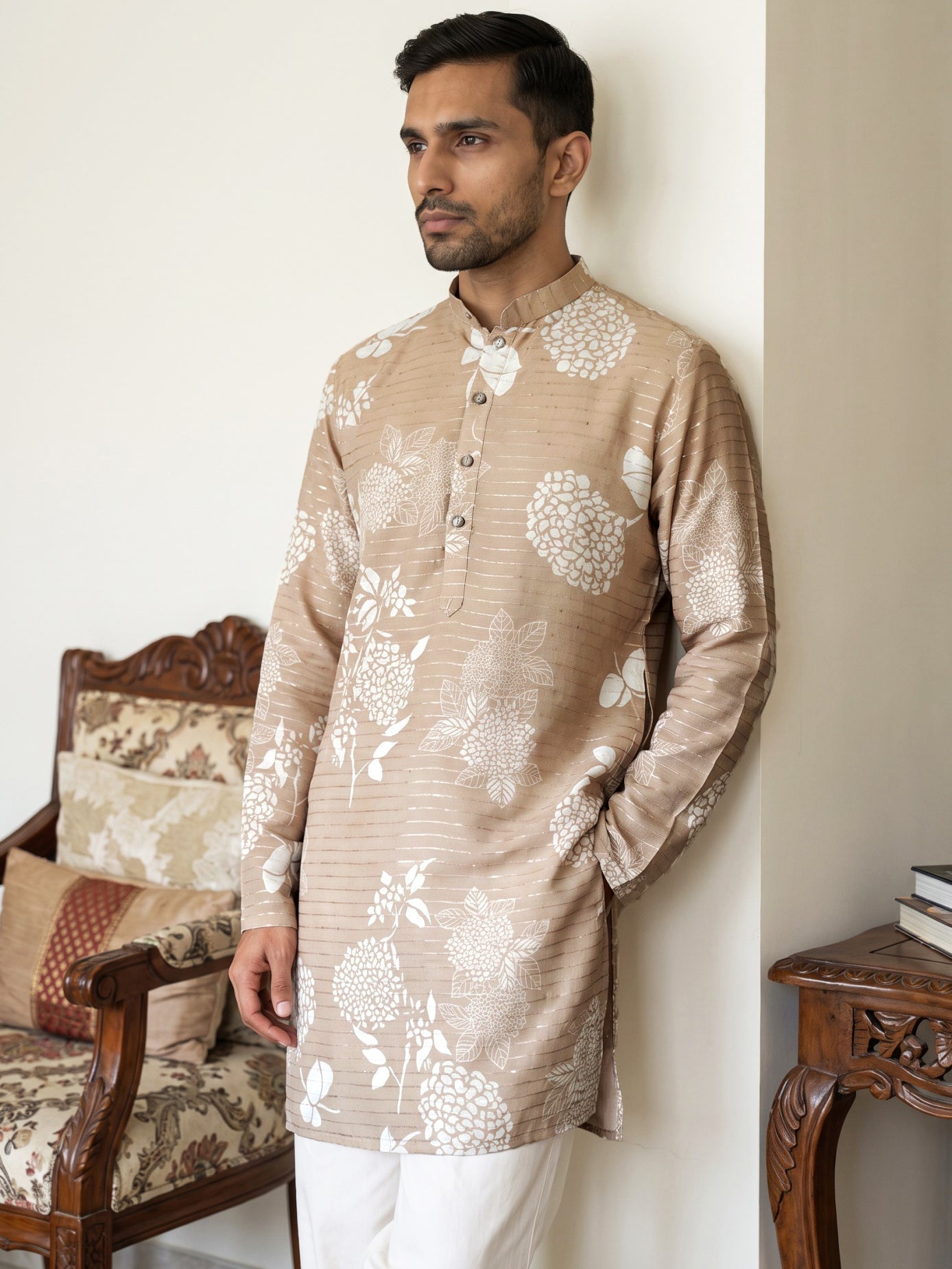 DesiQlo Men Printed Kurta Pyjama Set - Beige - 65KP_PJ11W_5612Beige_S