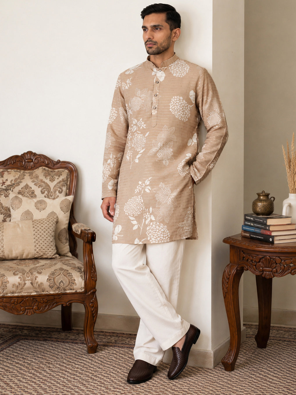 DesiQlo Men Printed Kurta Pyjama Set - Beige - 65KP_PJ11W_5612Beige_S