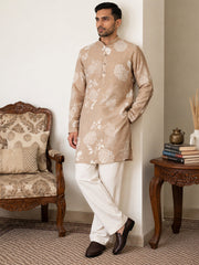 Cotton Blend Printed & Thread Work Kurta With Korean Pants ( 65KP PJ11W 5612Beige )