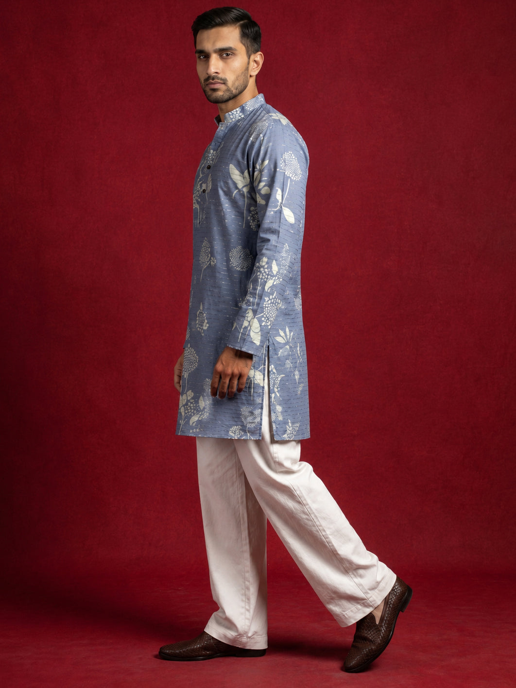 DesiQlo Men Printed Kurta Pyjama Set - Blue - 65KP_PJ11W_5612Blue_S