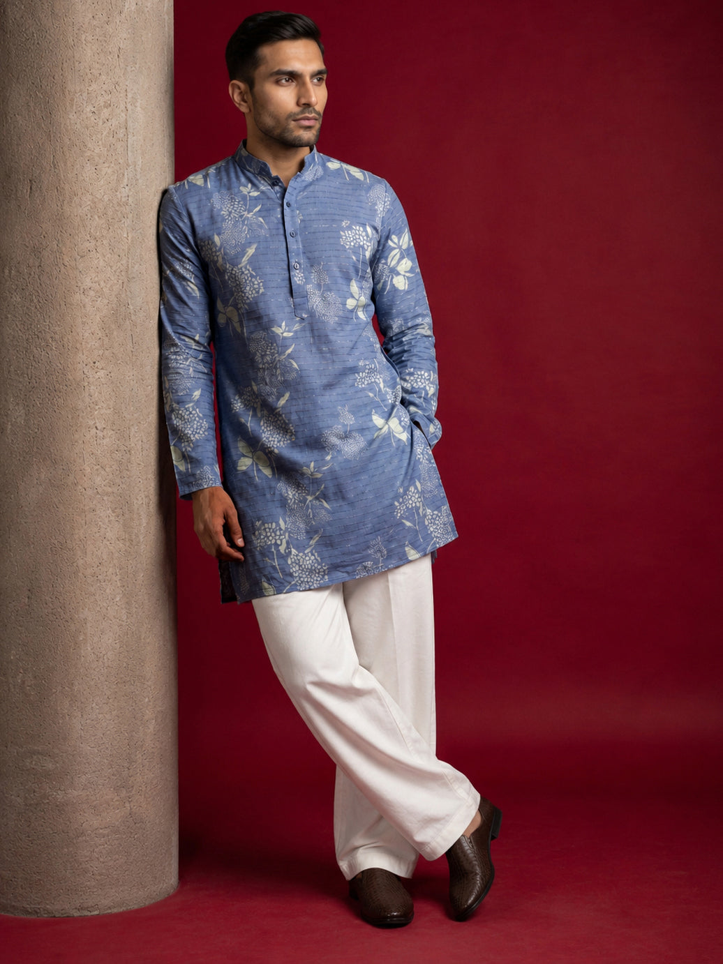 DesiQlo Men Printed Kurta Pyjama Set - Blue - 65KP_PJ11W_5612Blue_S