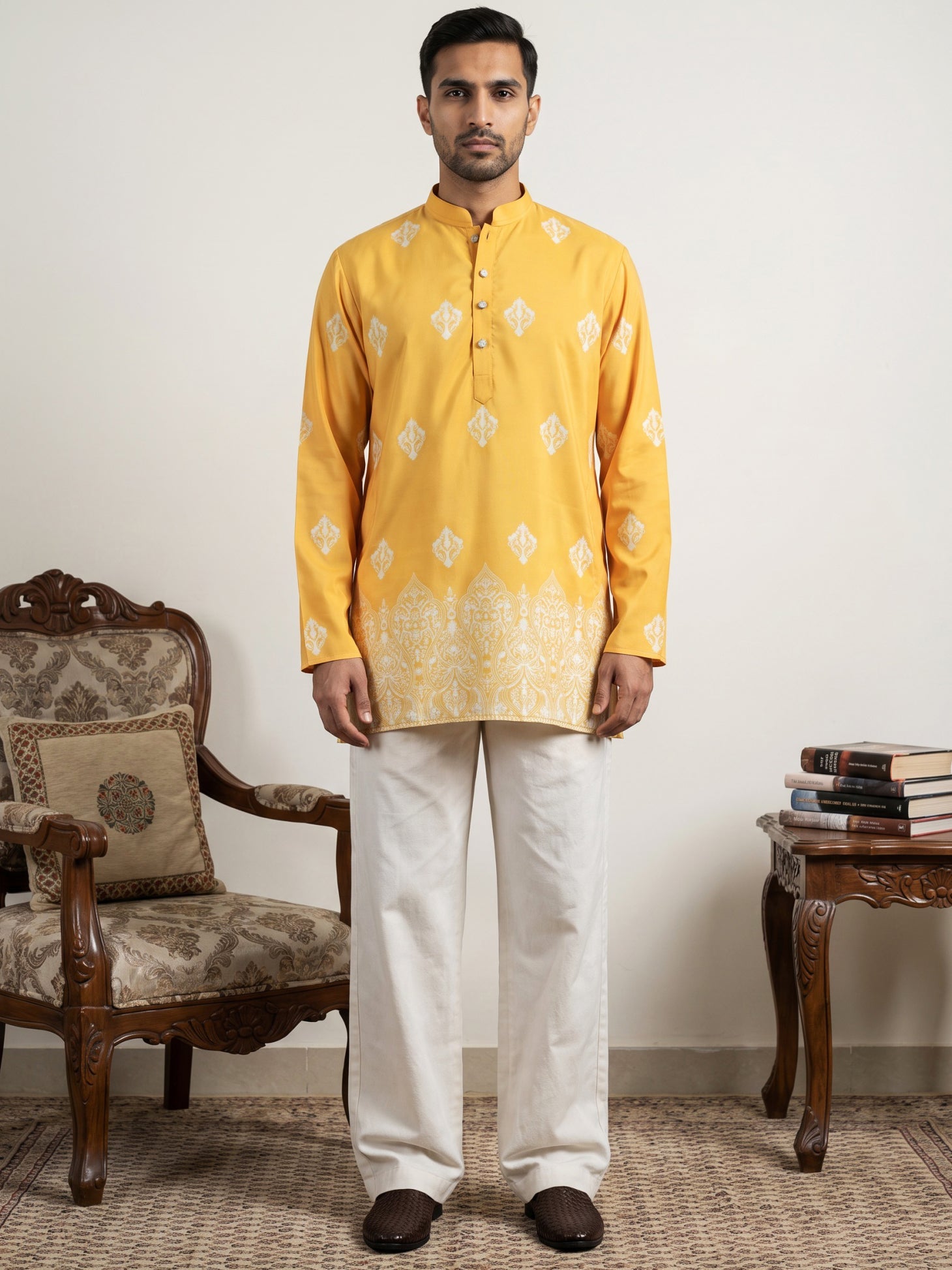 DesiQlo Men Printed Kurta Pyjama Set - Yellow - 65KP_PJ11W_5614Yellow_