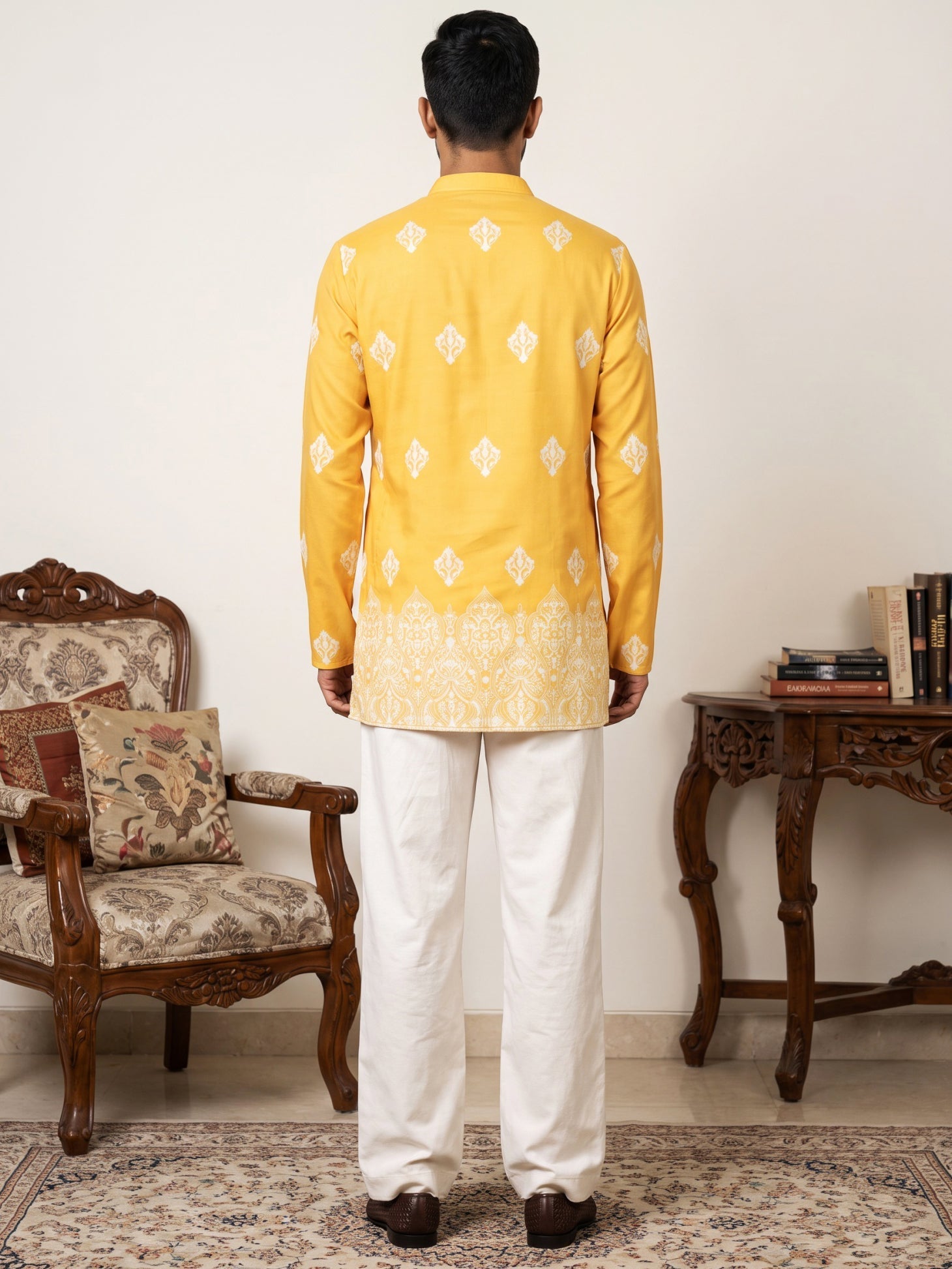 DesiQlo Men Printed Kurta Pyjama Set - Yellow - 65KP_PJ11W_5614Yellow_