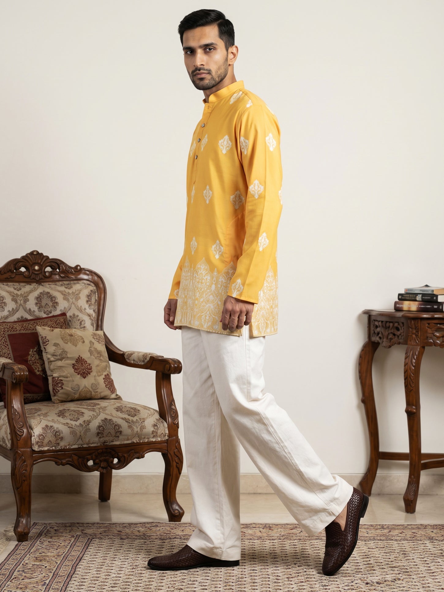 DesiQlo Men Printed Kurta Pyjama Set - Yellow - 65KP_PJ11W_5614Yellow_