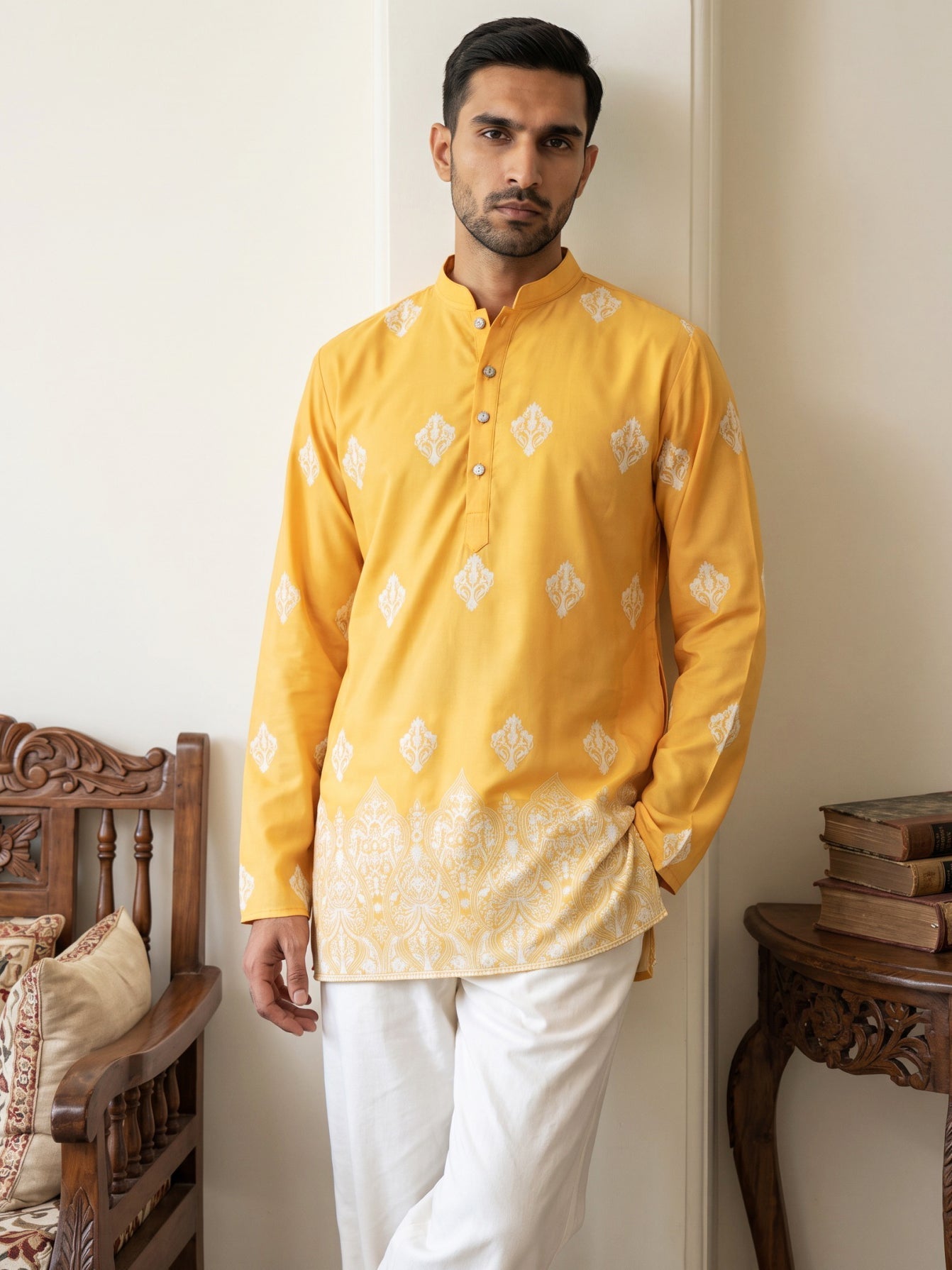 DesiQlo Men Printed Kurta Pyjama Set - Yellow - 65KP_PJ11W_5614Yellow_