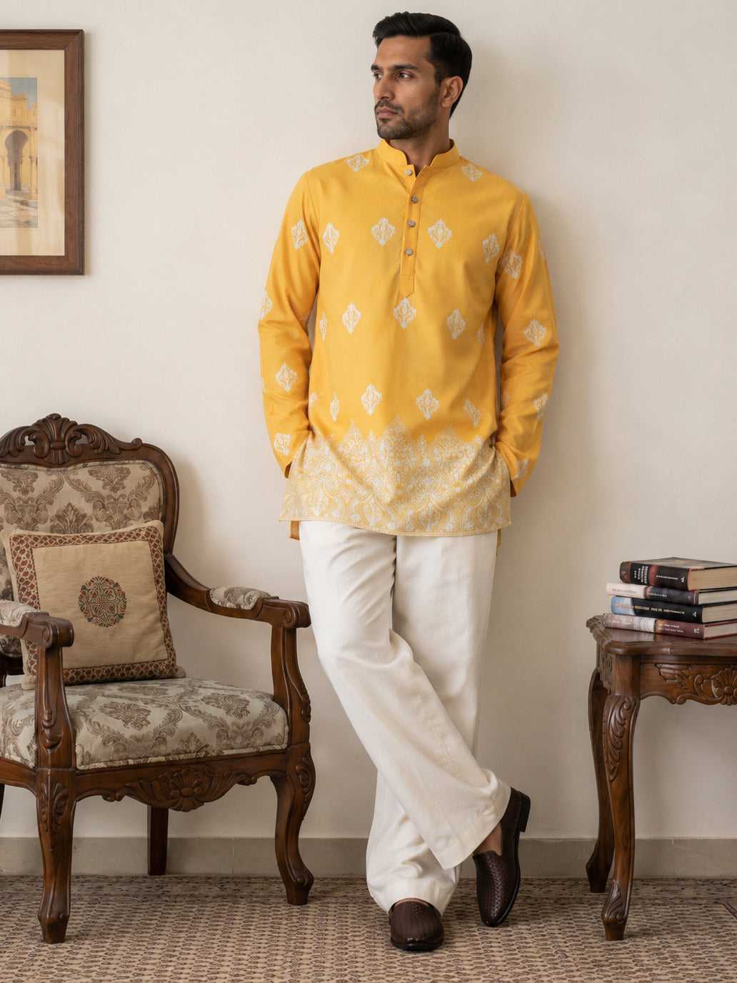 DesiQlo Men Printed Kurta Pyjama Set - Yellow - 65KP_PJ11W_5614Yellow_