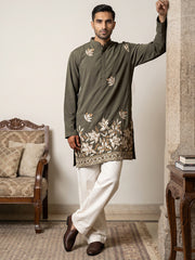 Men's Japanese Fabric Designer Embroidered Kurta With Korean Pants ( 65KP PJ11W 5615Grey )