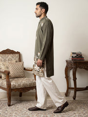 Men's Japanese Fabric Designer Embroidered Kurta With Korean Pants ( 65KP PJ11W 5615Grey )
