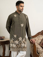 Men's Japanese Fabric Designer Embroidered Kurta With Korean Pants ( 65KP PJ11W 5615Grey )