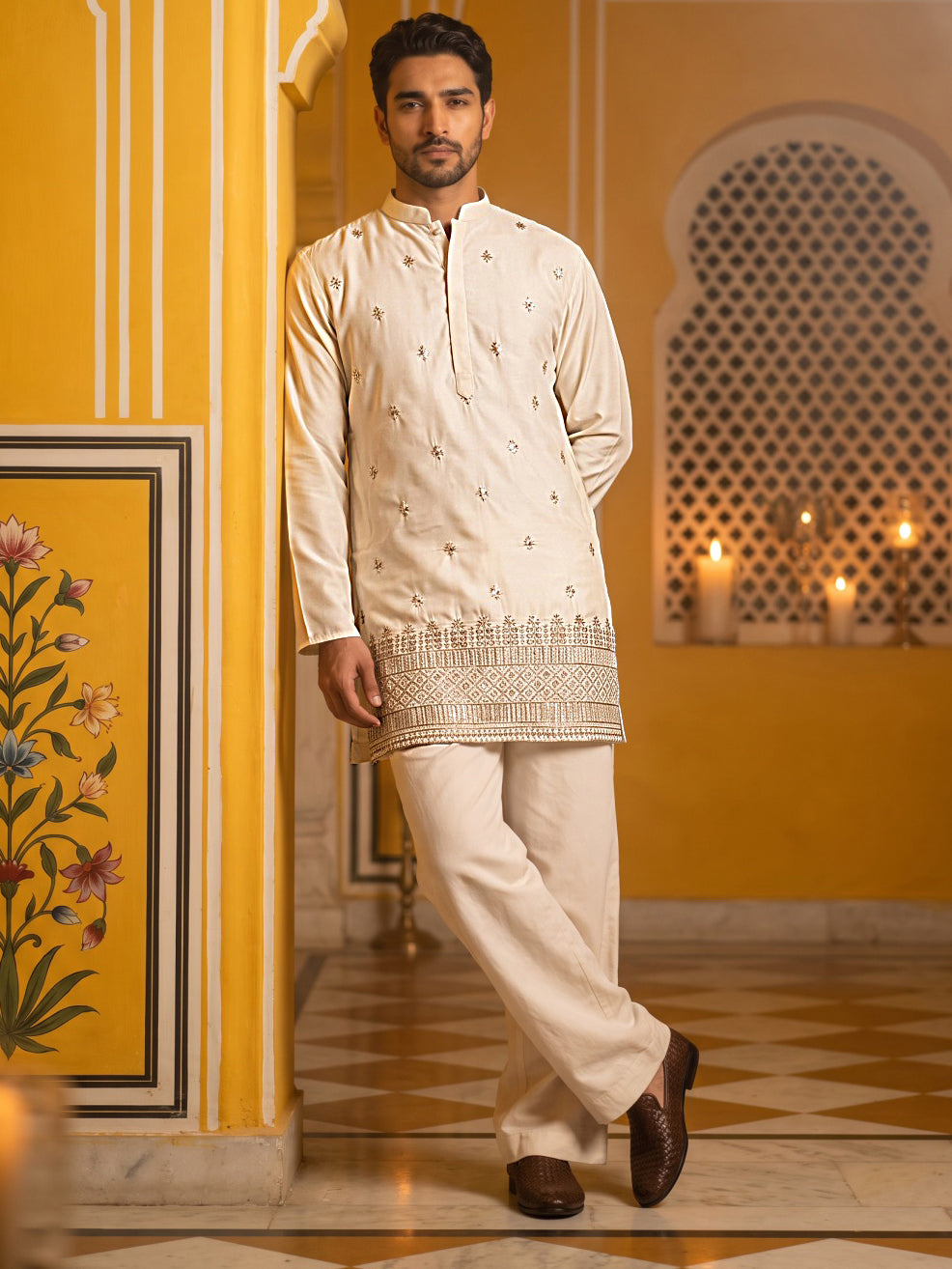 DesiQlo Men Embroidered Kurta Pyjama Set - Beige - 65KP_PJ11W_5616Crea