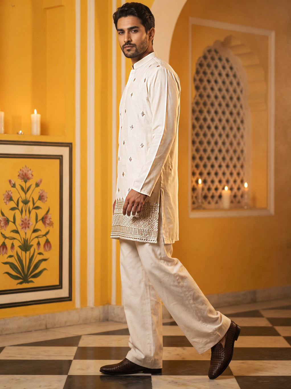 DesiQlo Men Embroidered Kurta Pyjama Set - Beige - 65KP_PJ11W_5616Crea