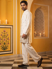 Japanese Fabric Ethnic Embroidered Kurta With Korean Pants for Men ( 65KP PJ11W 5616Cream )