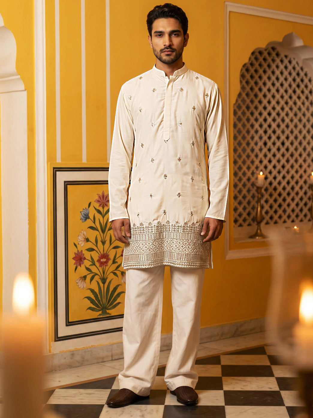 DesiQlo Men Embroidered Kurta Pyjama Set - Beige - 65KP_PJ11W_5616Crea