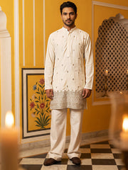 Japanese Fabric Ethnic Embroidered Kurta With Korean Pants for Men ( 65KP PJ11W 5616Cream )