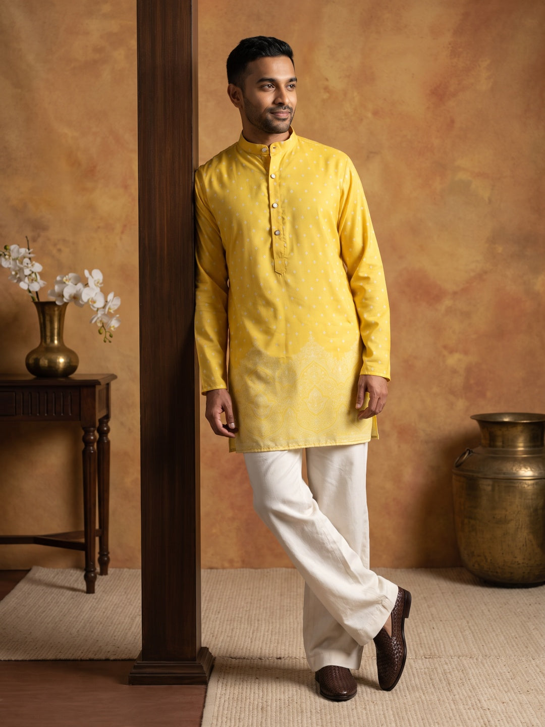 DesiQlo Men Printed Kurta Pyjama Set - Yellow - 65KP_PJ11W_5622Yellow_