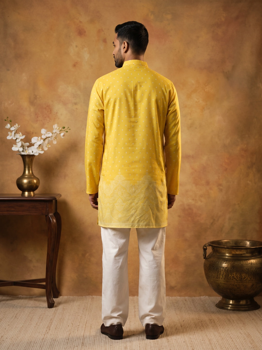 DesiQlo Men Printed Kurta Pyjama Set - Yellow - 65KP_PJ11W_5622Yellow_