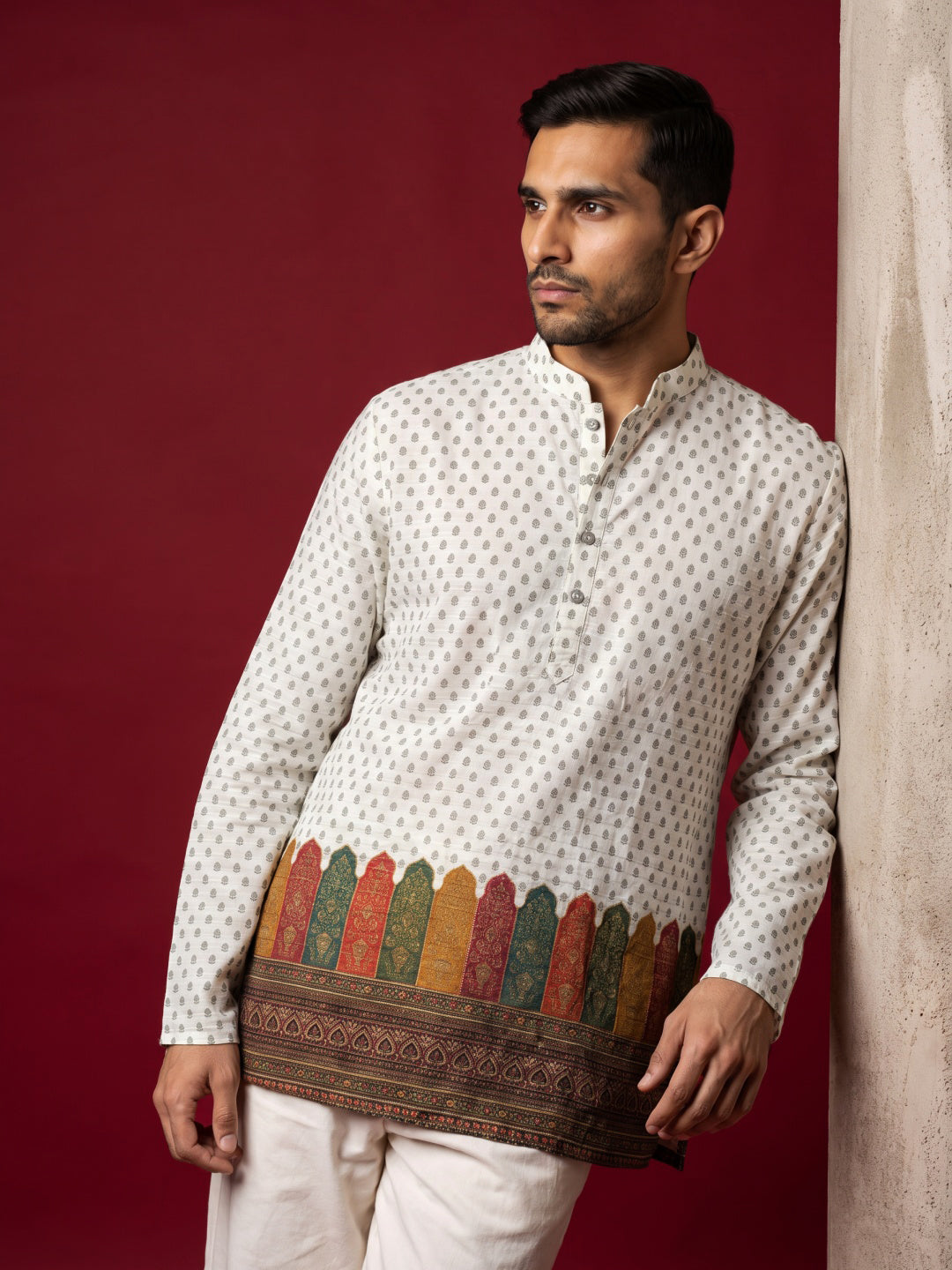 DesiQlo Men Printed Kurta Pyjama Set - White - 65KP_PJ11W_5623White_S