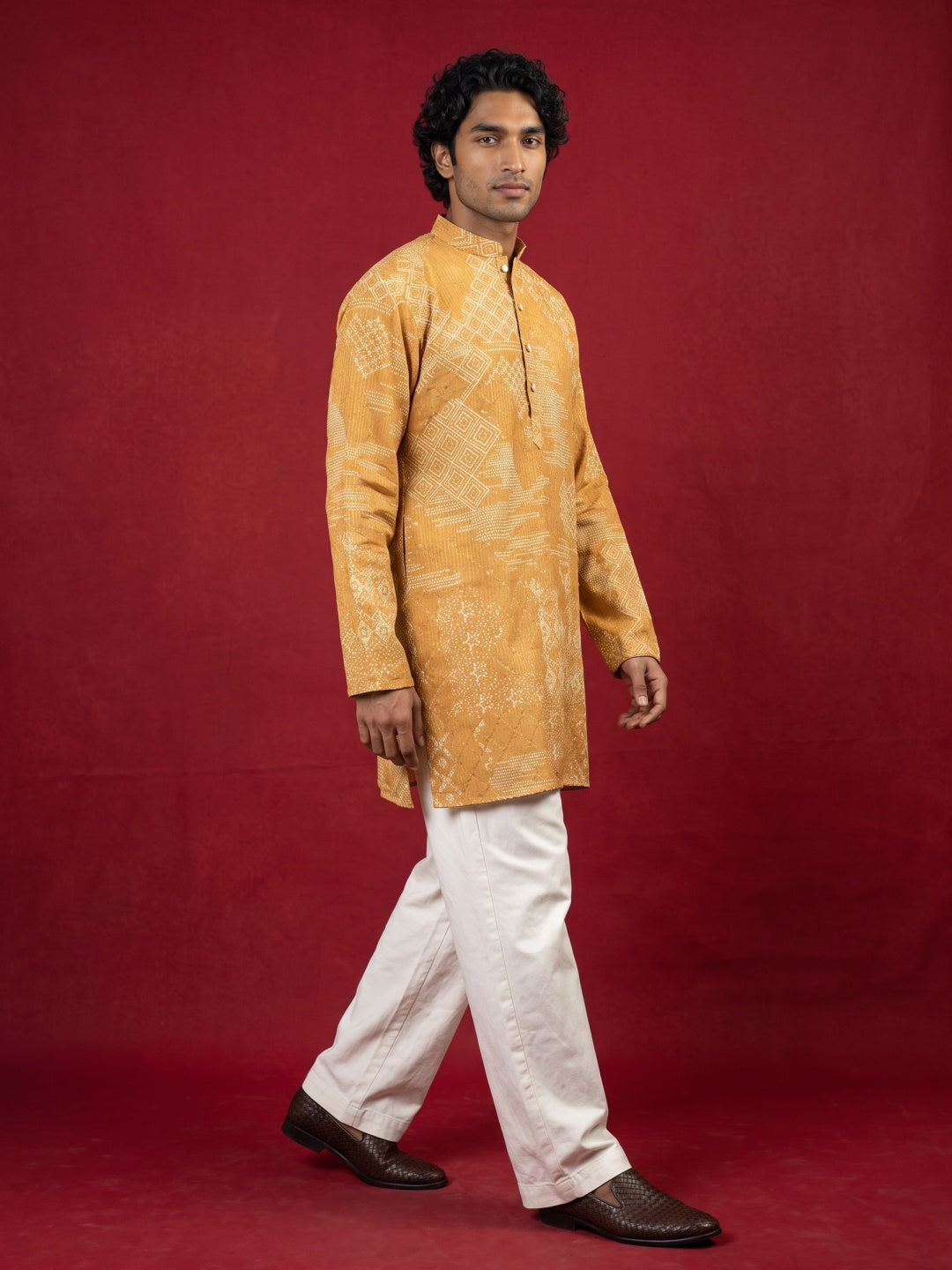 DesiQlo Men Printed Kurta Pyjama Set - Yellow - 65KP_PJ11W_5624Mustard