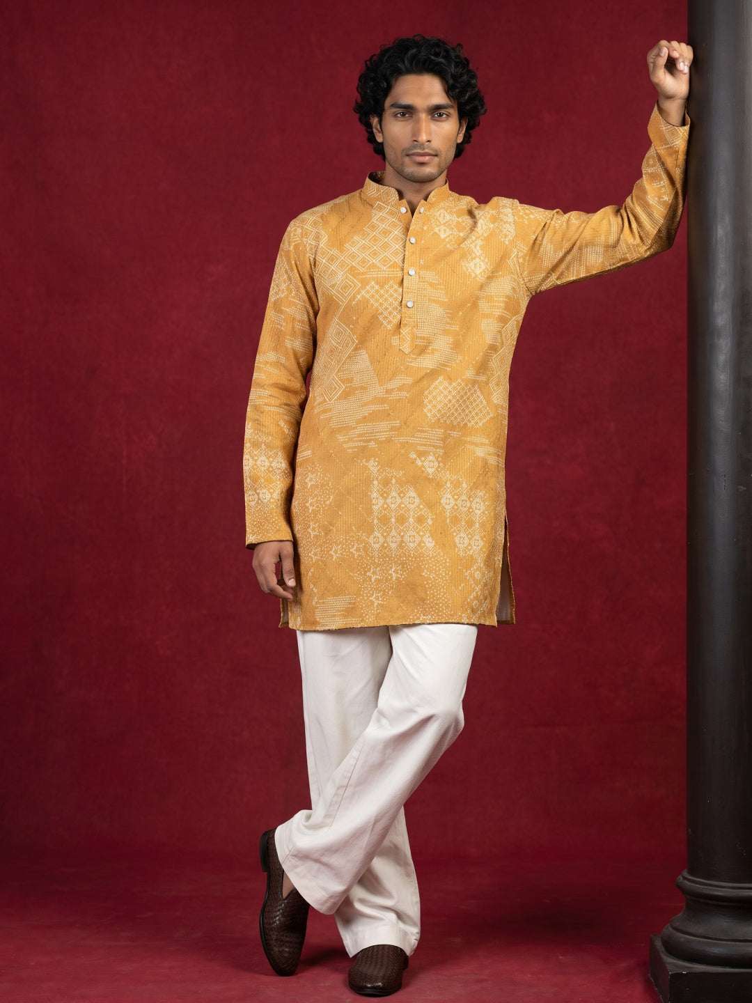 DesiQlo Men Printed Kurta Pyjama Set - Yellow - 65KP_PJ11W_5624Mustard