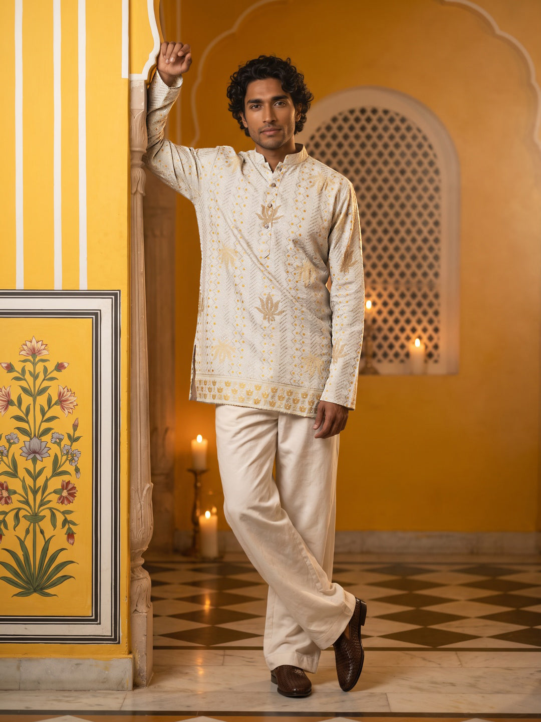 DesiQlo Men Printed Kurta Pyjama Set - White - 65KP_PJ11B_5625White_S