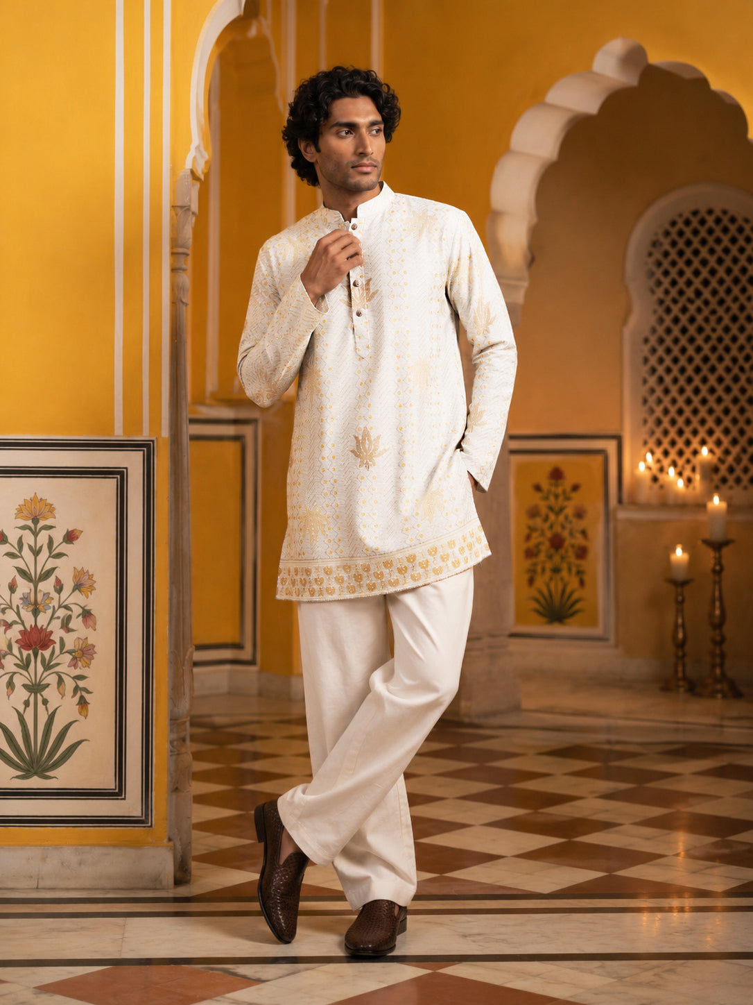 DesiQlo Men Printed Kurta Pyjama Set - White - 65KP_PJ11B_5625White_S