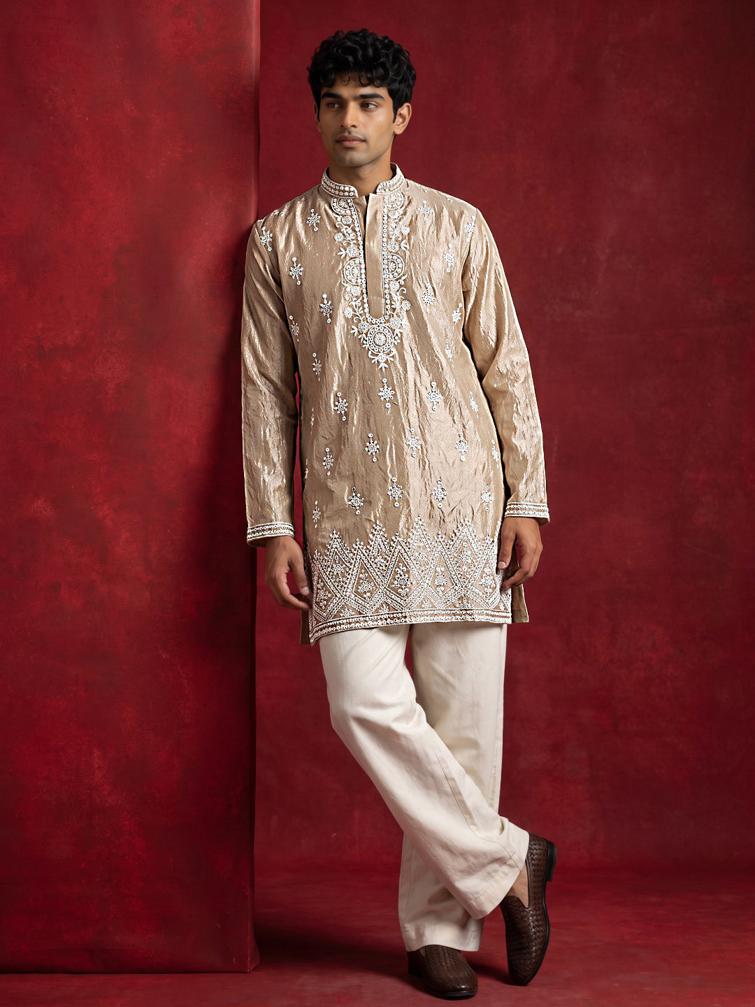 DesiQlo Men Embroidered Kurta Pyjama Set - Beige - 65KP_PJ11W_5626Beig
