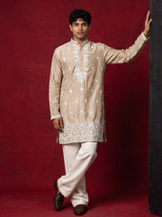 Silk Blend Embroidered Kurta with Korean Pants ( 65KP PJ11W 5626Beige )