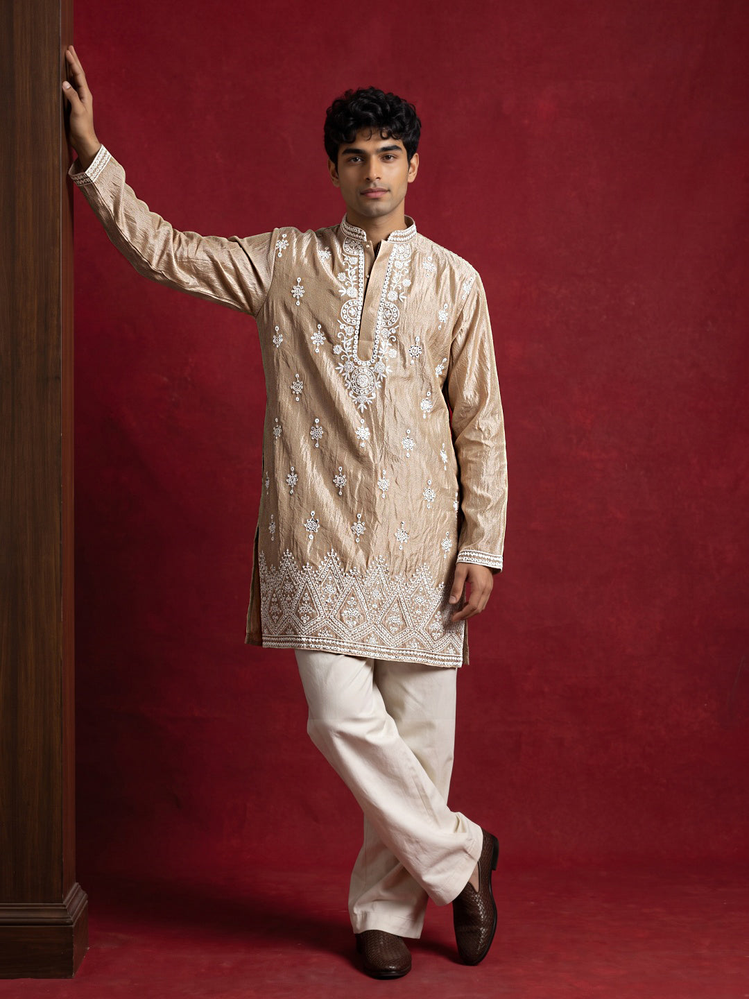 DesiQlo Men Embroidered Kurta Pyjama Set - Beige - 65KP_PJ11W_5626Beig
