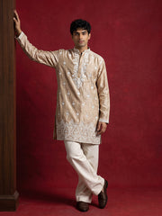 Silk Blend Embroidered Kurta with Korean Pants ( 65KP PJ11W 5626Beige )