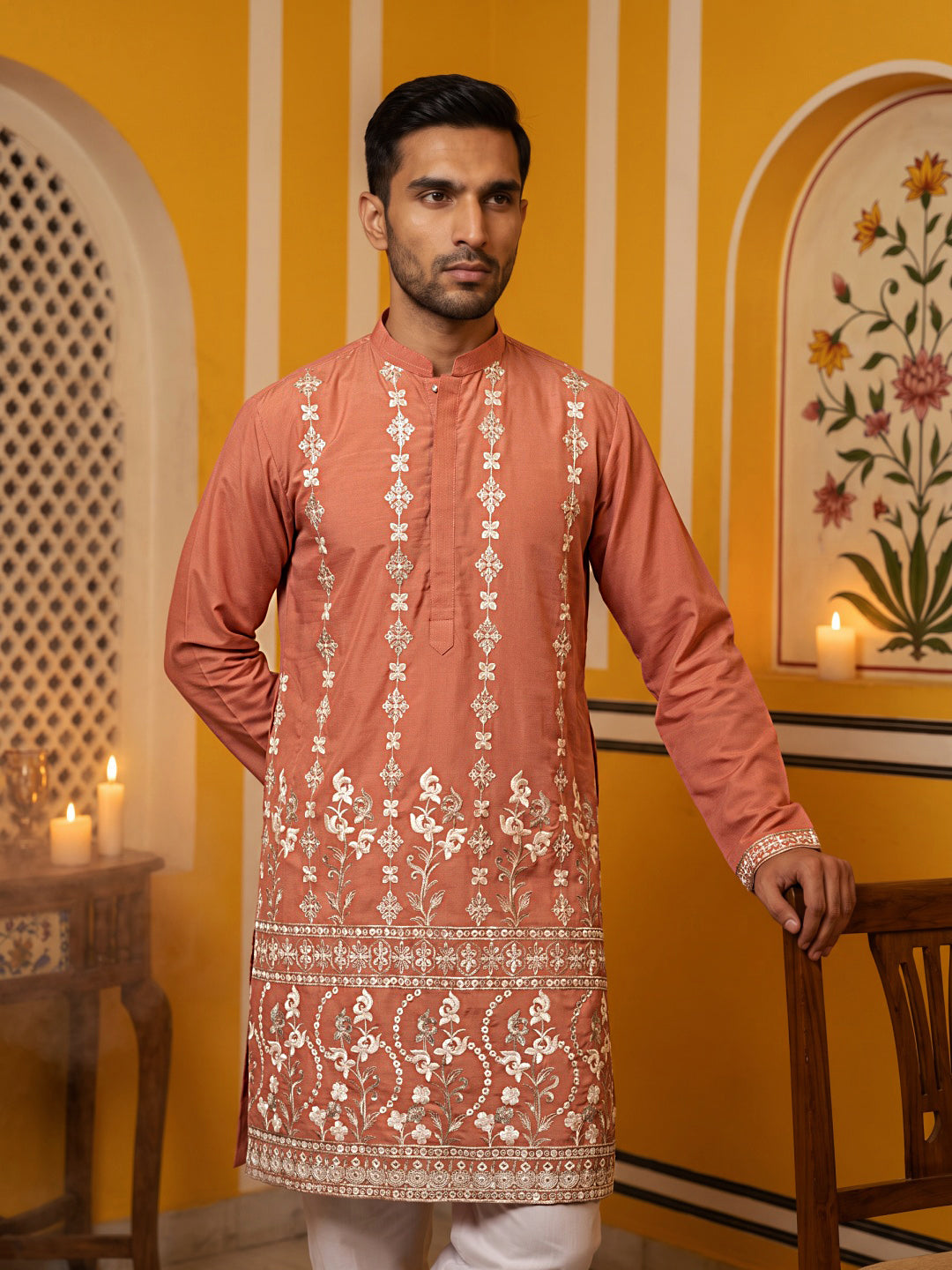 Floral Embroidered Kurta with Korean Pants ( 65KP 5628Peach )