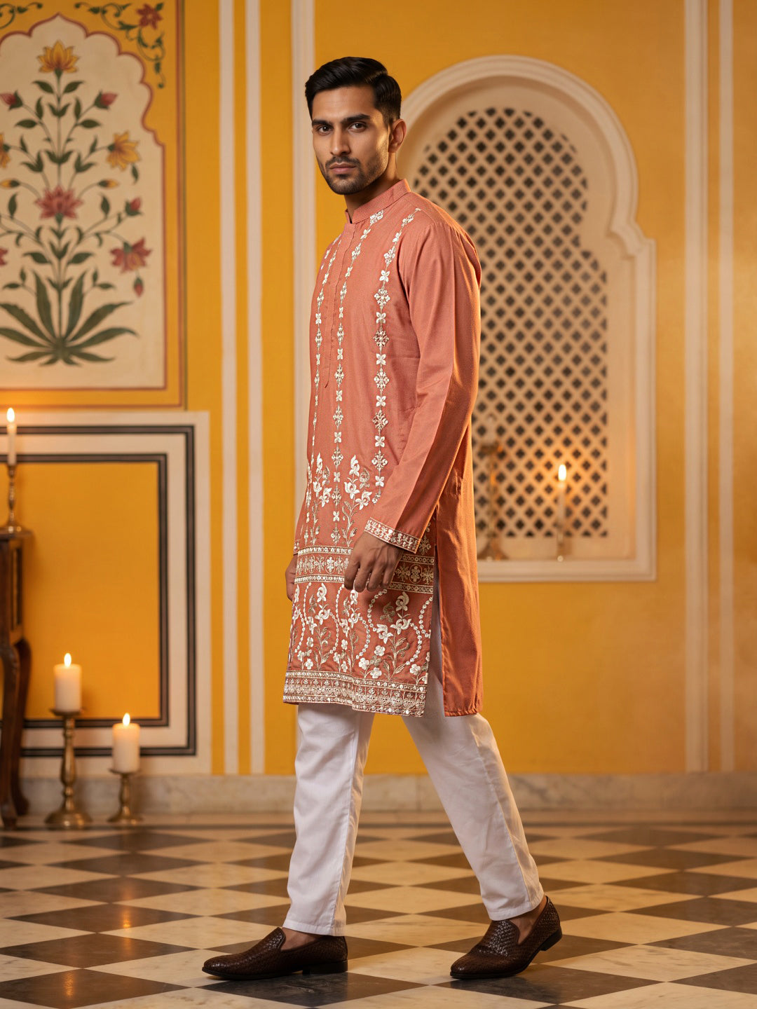 DesiQlo Men Embroidered Kurta Pyjama Set - Orange