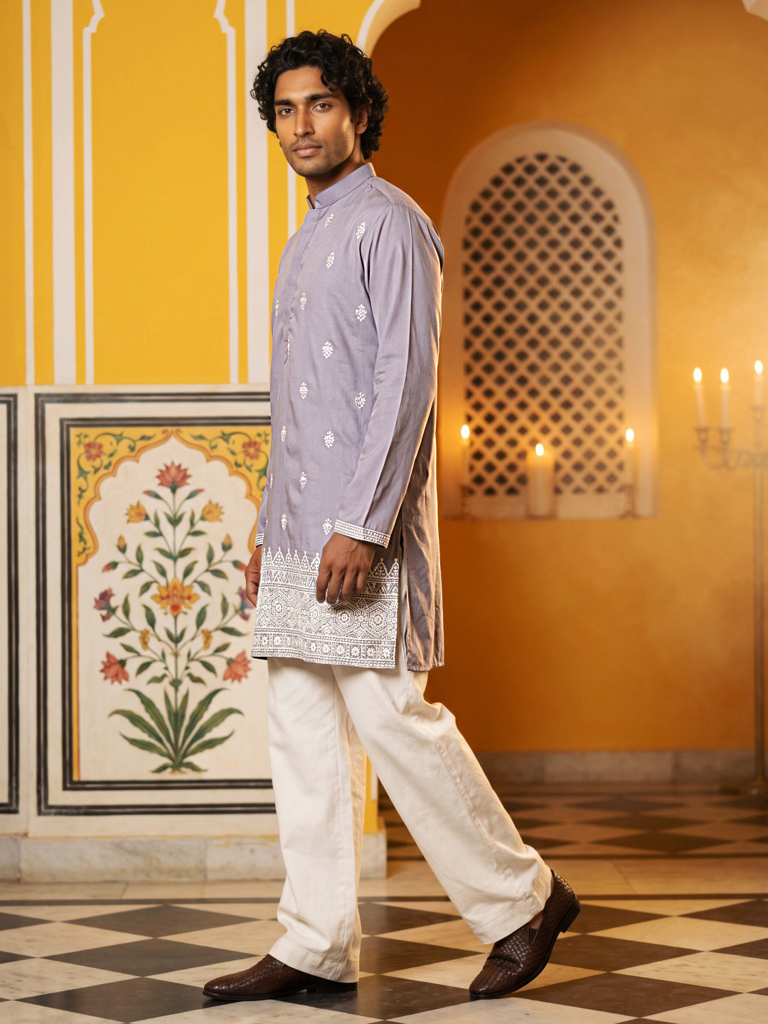 DesiQlo Men Embroidered Kurta Pyjama Set - Purple - 65KP_PJ11W_5629Pur