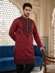 Men’s Classic Silk Blend Kurta Set with Rich Embroidery ( 65KP B-P 5530Maroon ) [FF] [F-10]