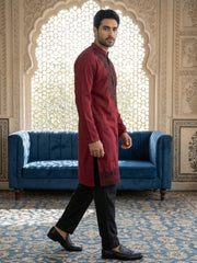 Men’s Classic Silk Blend Kurta Set with Rich Embroidery ( 65KP B-P 5530Maroon ) [FF] [F-10]