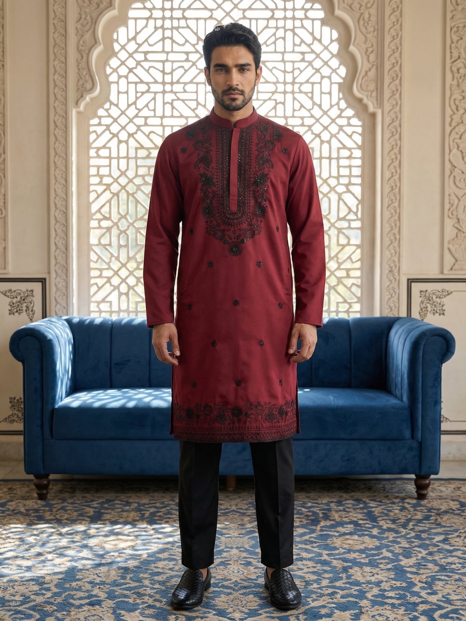 DesiQlo Men Embroidered Kurta Pyjama Set - Maroon - 65KP_B-P_5530Maroo