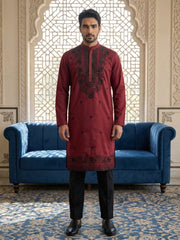 Men’s Classic Silk Blend Kurta Set with Rich Embroidery ( 65KP B-P 5530Maroon ) [FF] [F-10]