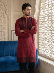 Men’s Classic Silk Blend Kurta Set with Rich Embroidery ( 65KP B-P 5530Maroon ) [FF] [F-10]