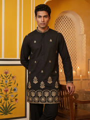Men’s Classic Kurta Set with Rich Hemline Embroidery ( 65KP B-P 5531Black ) [FF] [A-1-2-3-4]