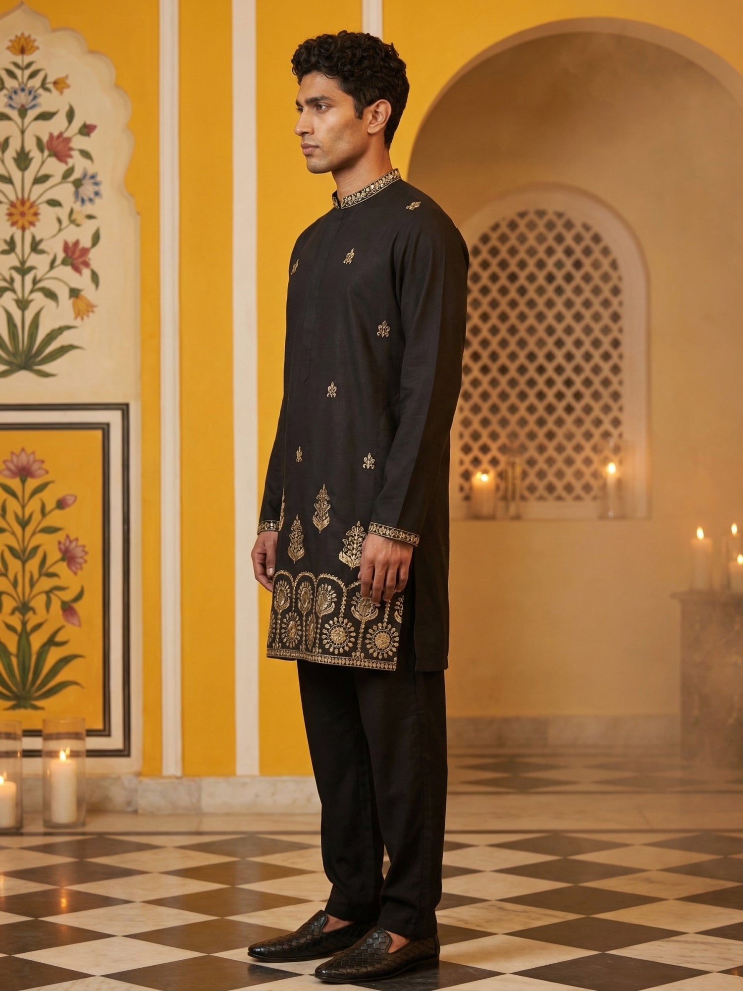 DesiQlo Men Embroidered Kurta Pyjama Set - Black - 65KP_B-P_5531Black_